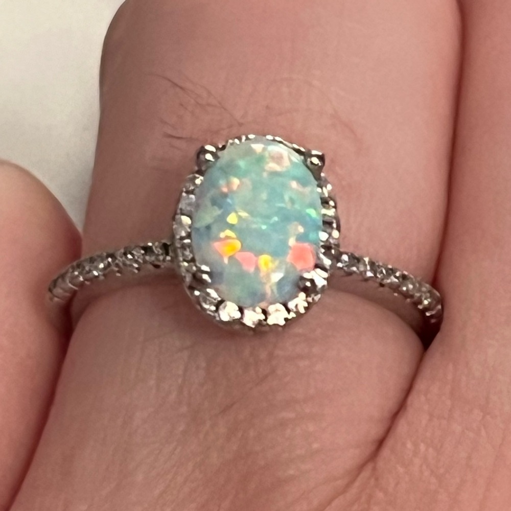Fire Opal & Diamond 925 Silver Ring Size 5